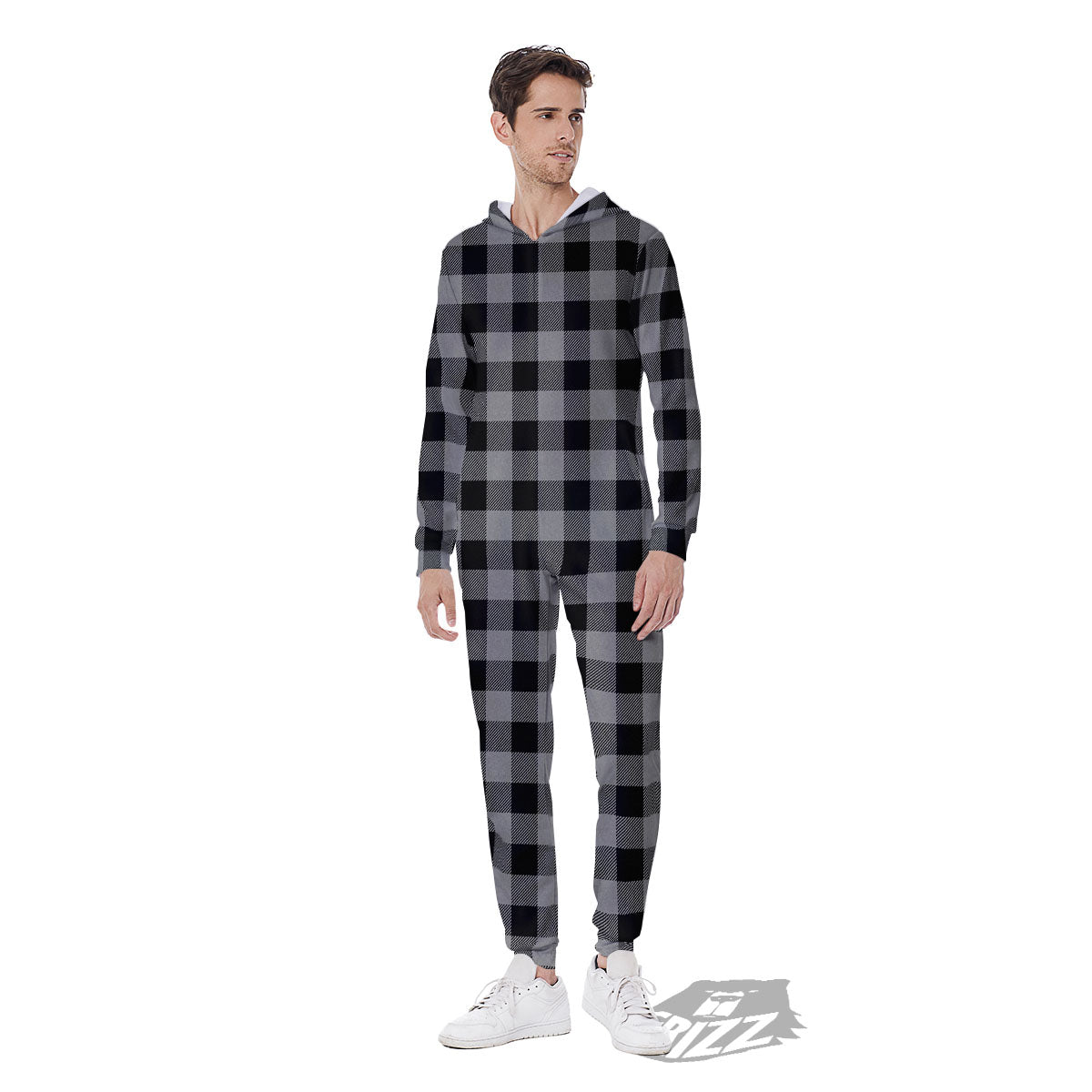 Buffalo Check Light Grey And Black Print Men's Jumpsuit-grizzshop
