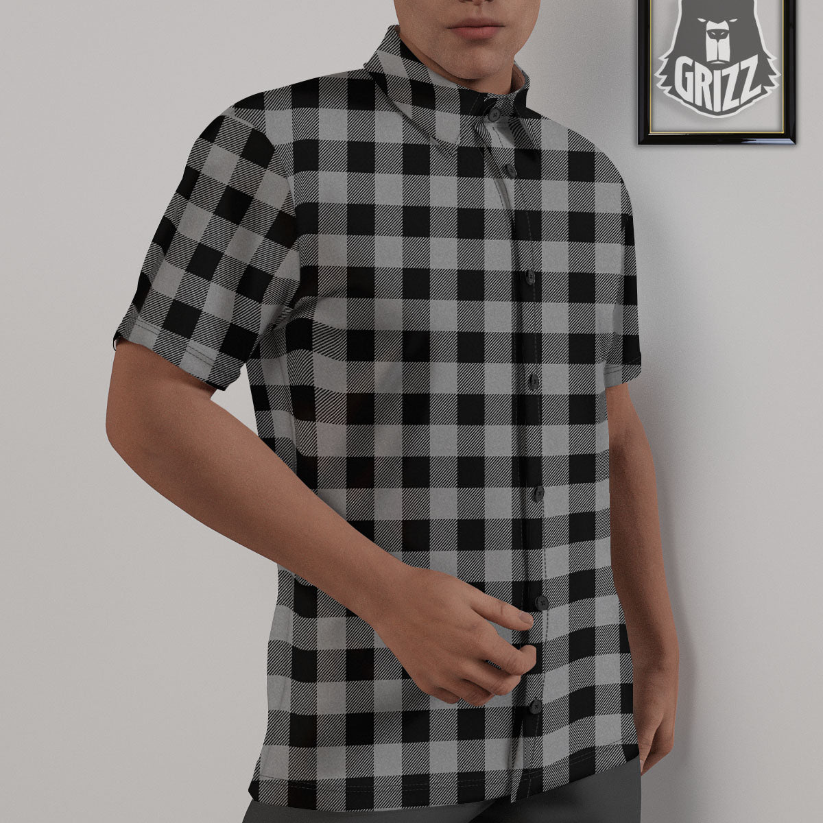Buffalo Check Light Grey And Black Print Untucked Shirts-grizzshop