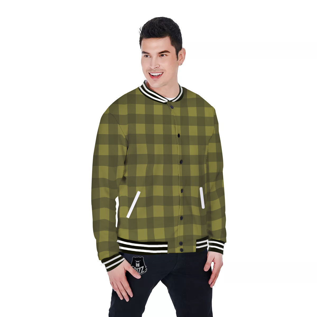 Buffalo Check Olive Green Print Pattern Baseball Jacket-grizzshop