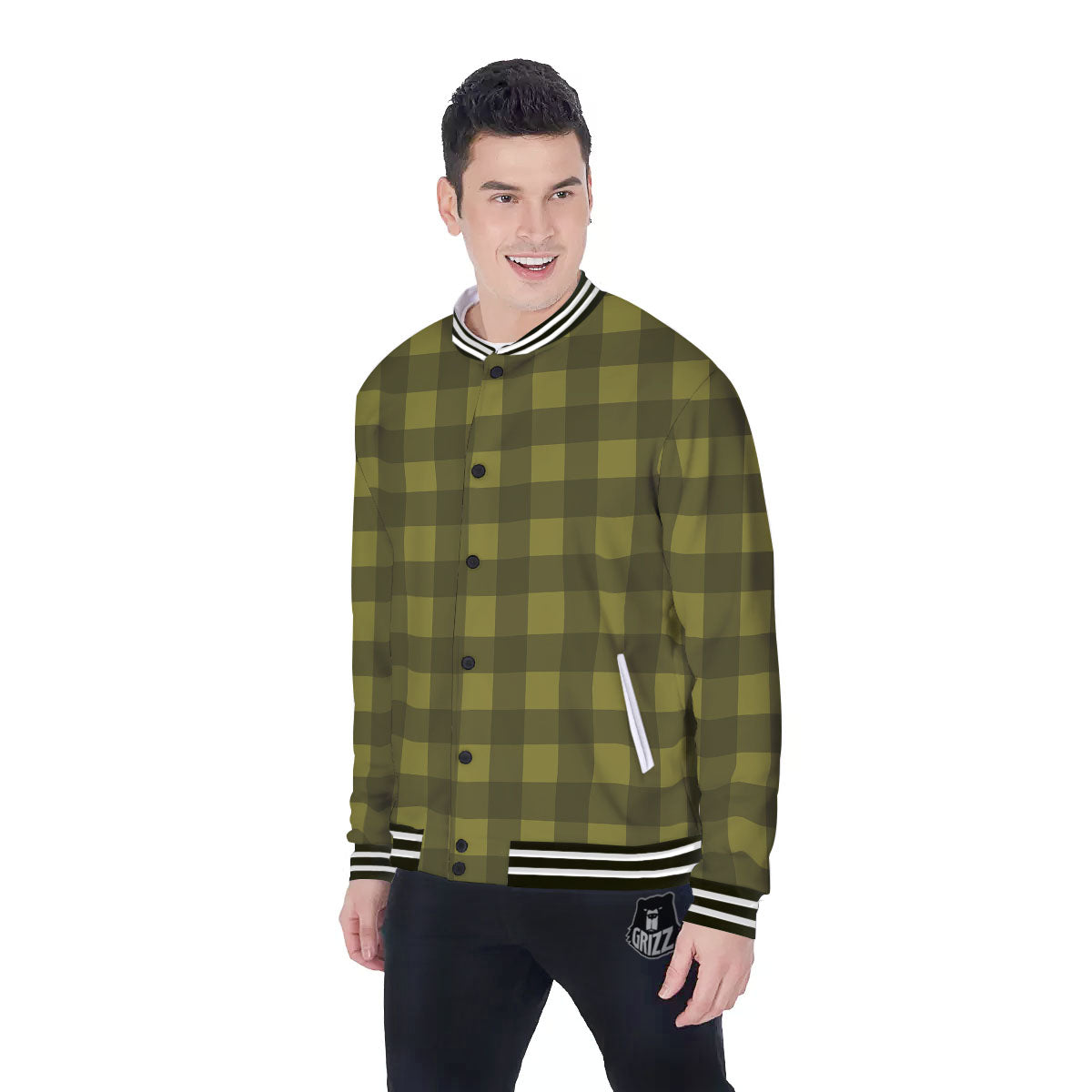 Buffalo Check Olive Green Print Pattern Baseball Jacket-grizzshop