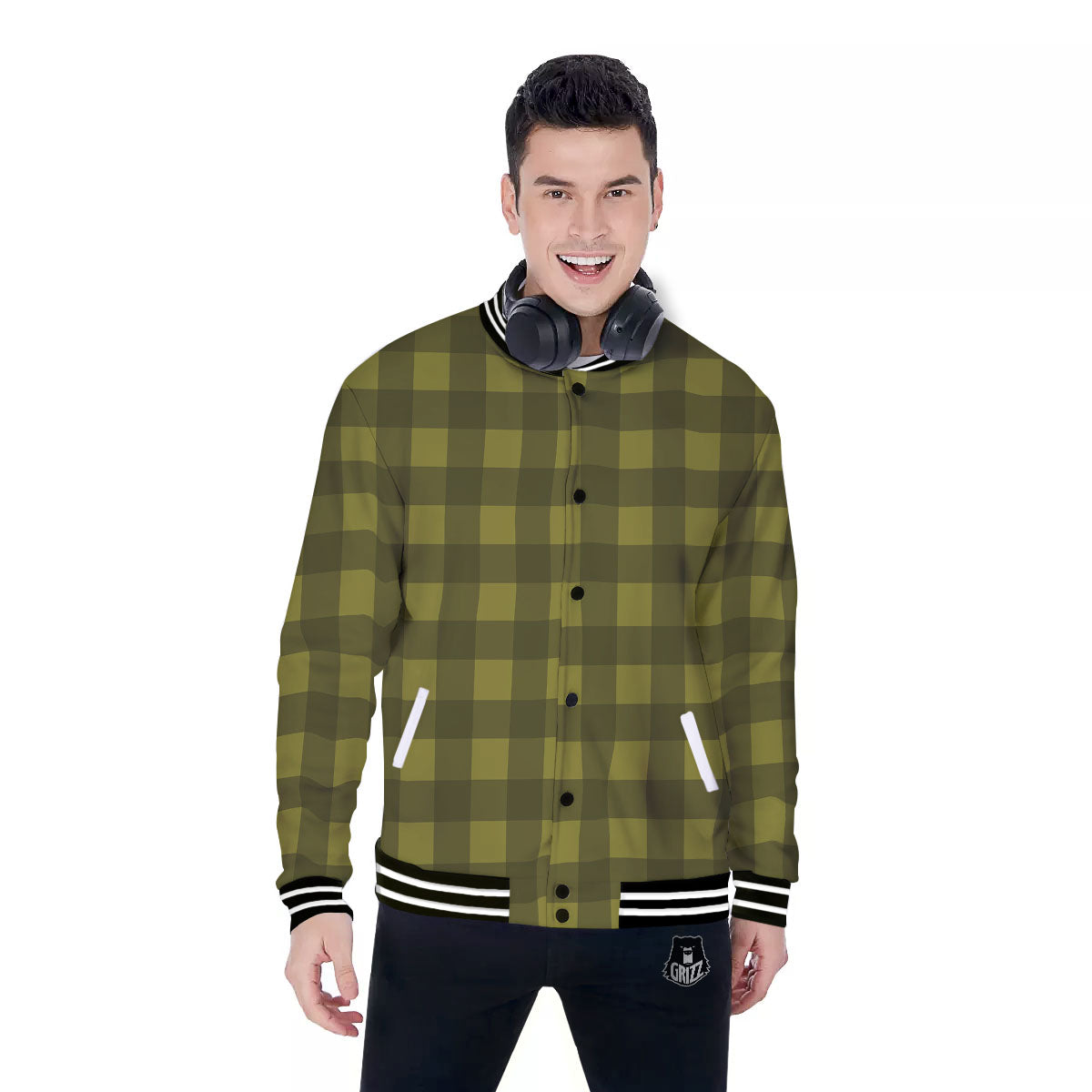 Buffalo Check Olive Green Print Pattern Baseball Jacket-grizzshop