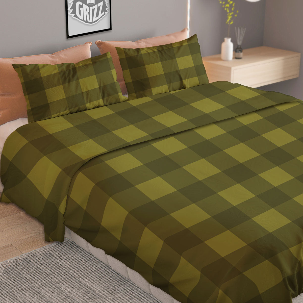 Buffalo Check Olive Green Print Pattern Duvet Cover Bedding Set
