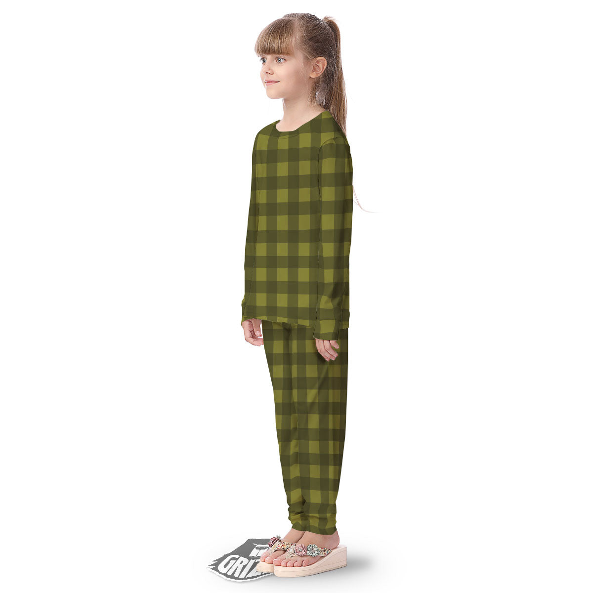 Buffalo Check Olive Green Print Pattern Kid's Pajamas-grizzshop
