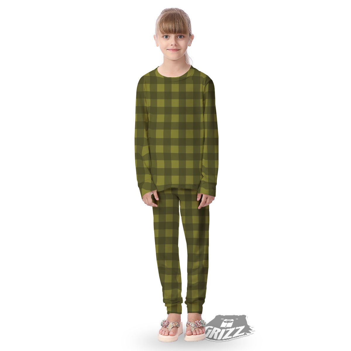 Buffalo Check Olive Green Print Pattern Kid's Pajamas-grizzshop