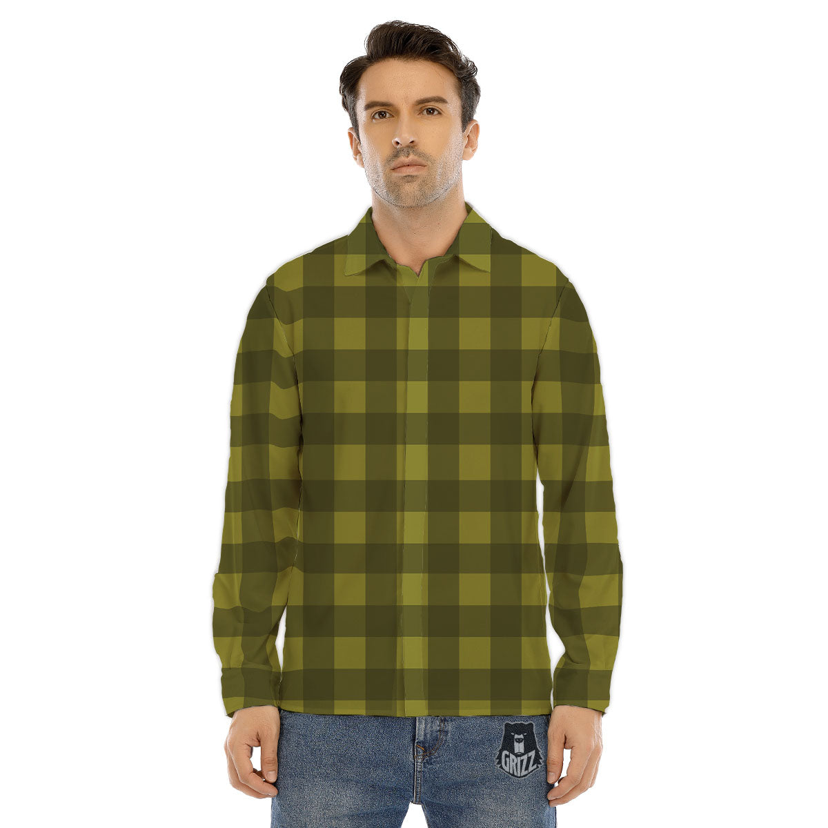 Buffalo Check Olive Green Print Pattern Men's Dress Shirts-grizzshop