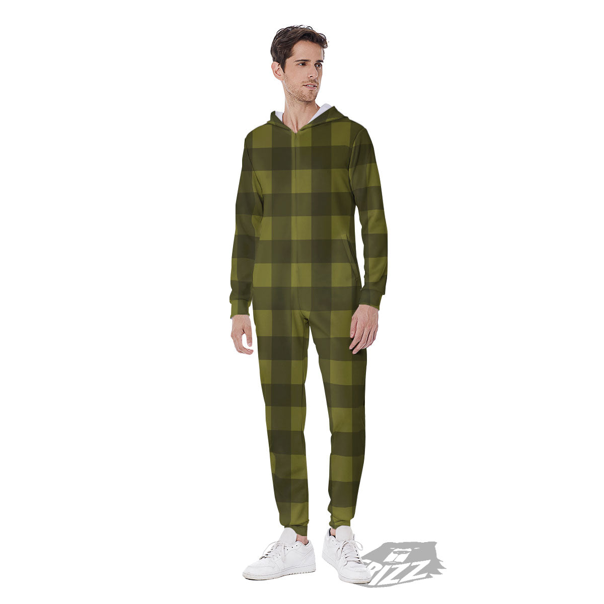 Buffalo Check Olive Green Print Pattern Men's Jumpsuit-grizzshop