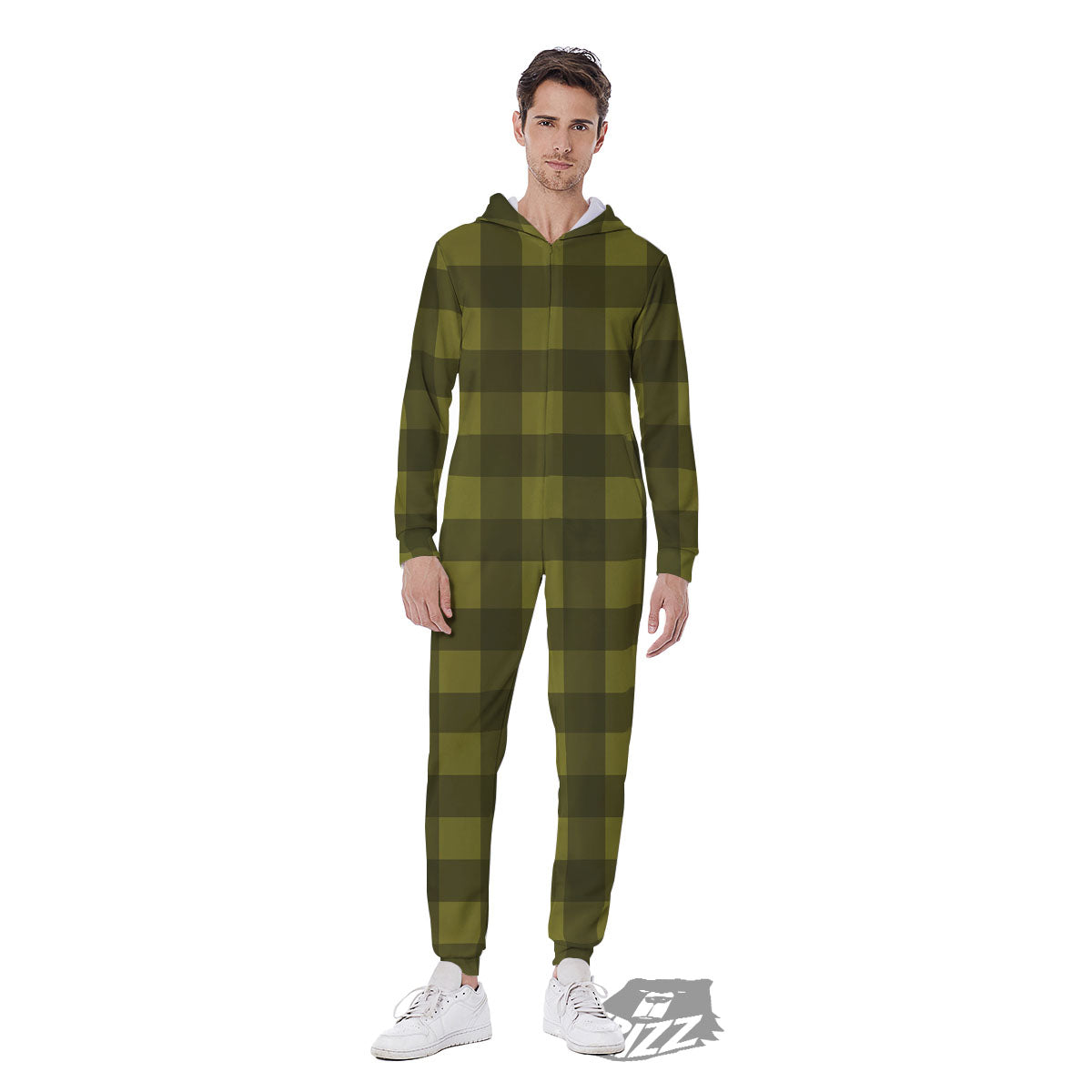 Buffalo Check Olive Green Print Pattern Men's Jumpsuit-grizzshop