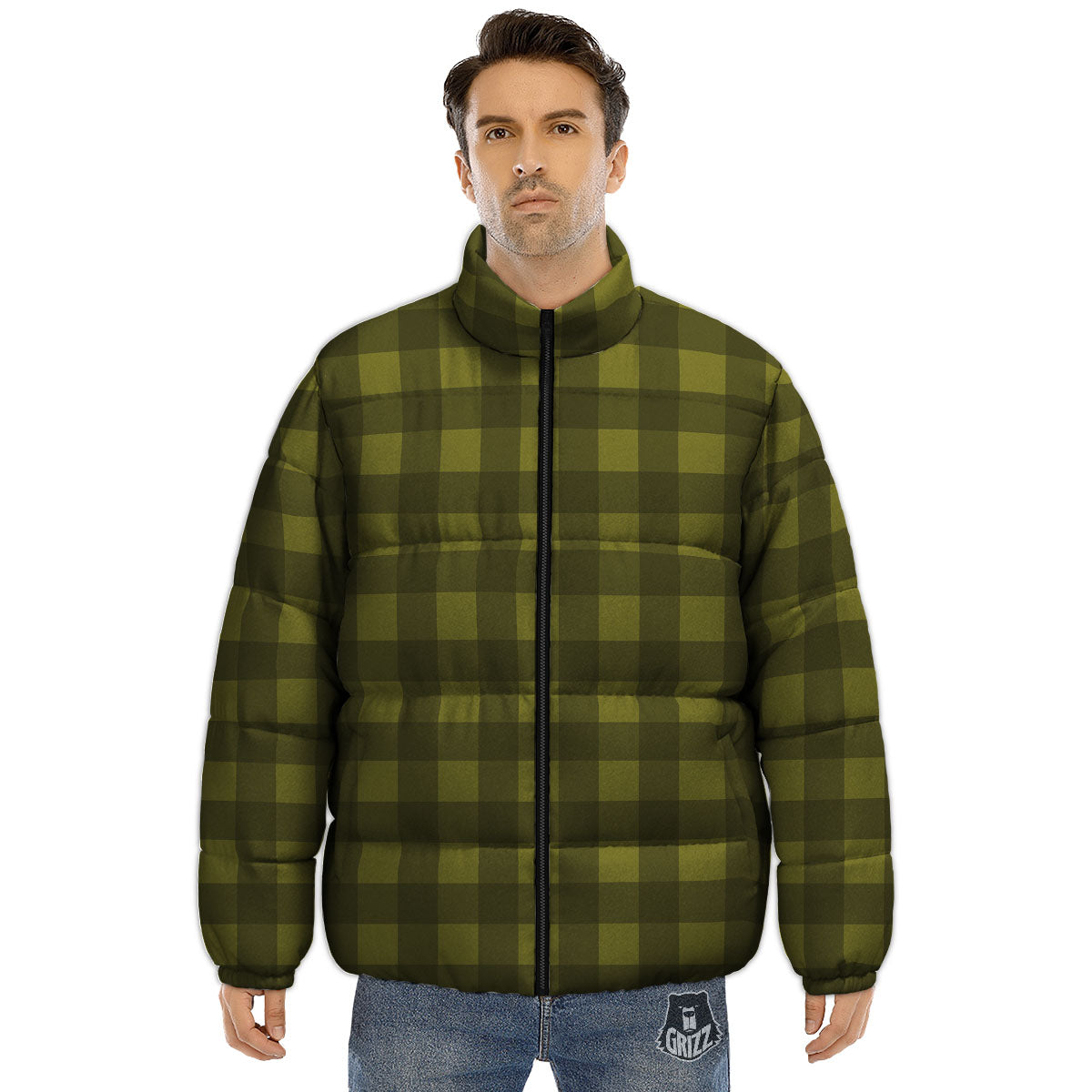 Buffalo Check Olive Green Print Pattern Puffer Jacket-grizzshop