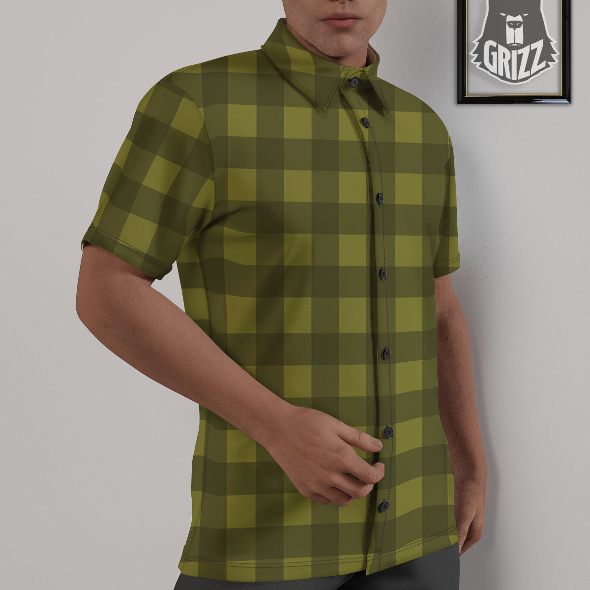 Buffalo Check Olive Green Print Pattern Untucked Shirts-grizzshop