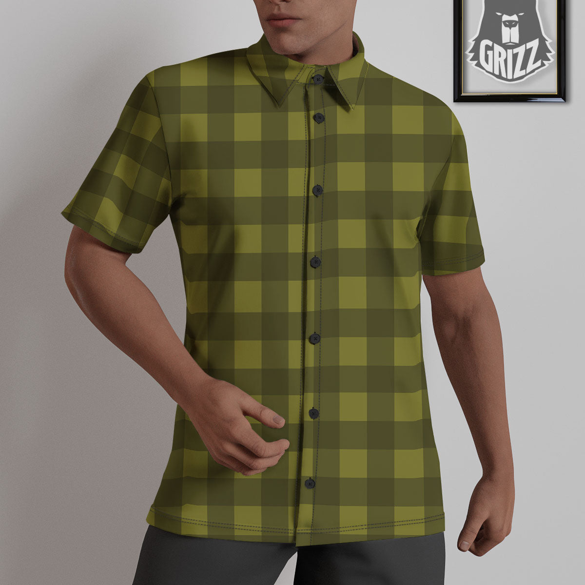 Buffalo Check Olive Green Print Pattern Untucked Shirts-grizzshop
