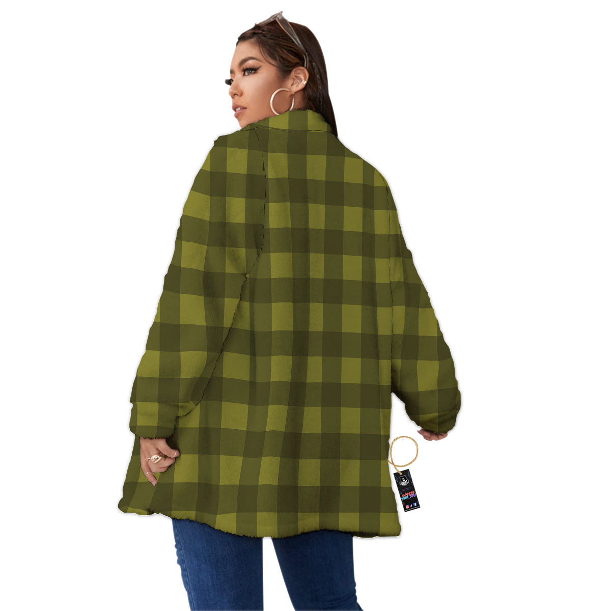 Buffalo Check Olive Green Print Pattern Women's Sherpa Jacket-grizzshop