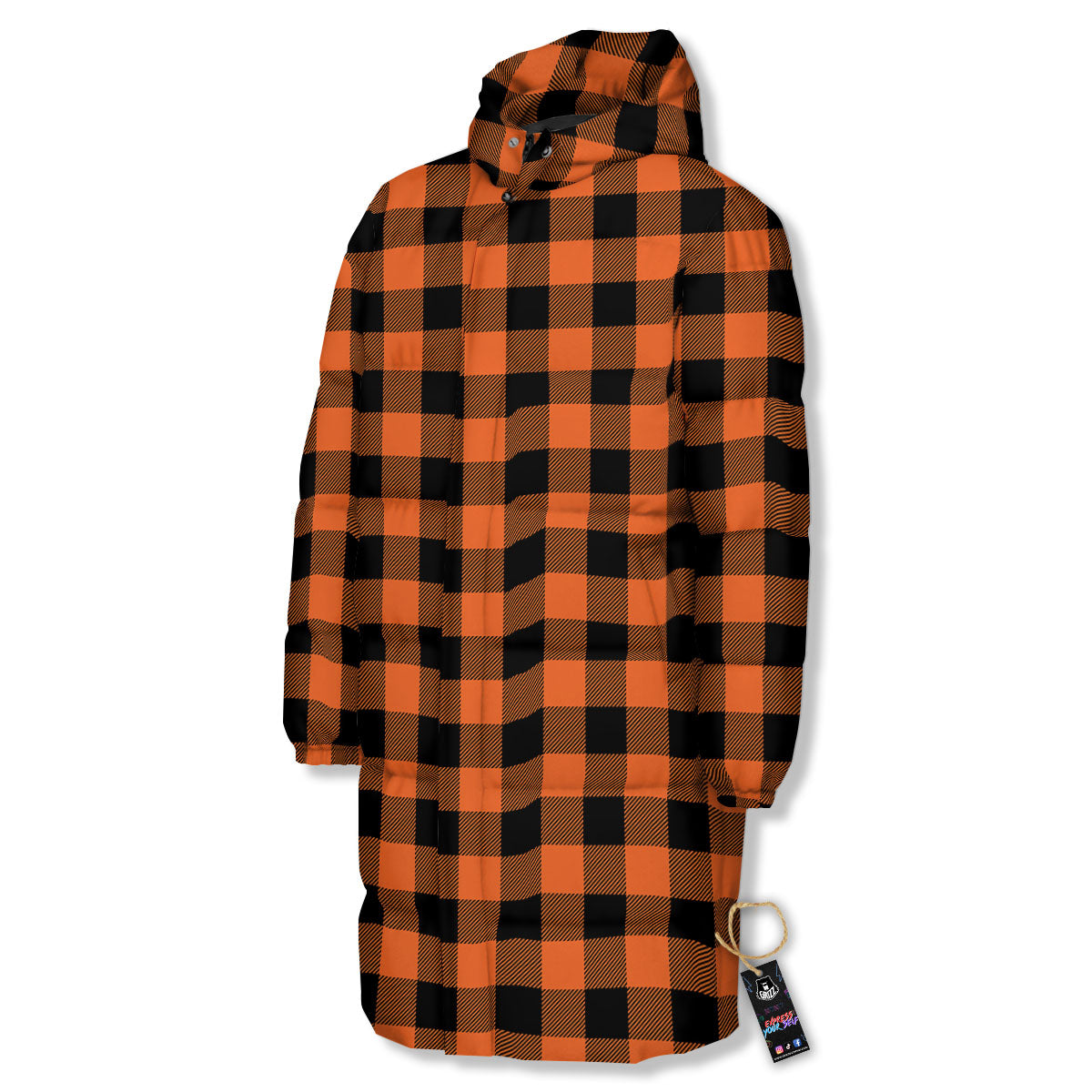 Buffalo Check Orange Print Pattern Long Down Jacket-grizzshop