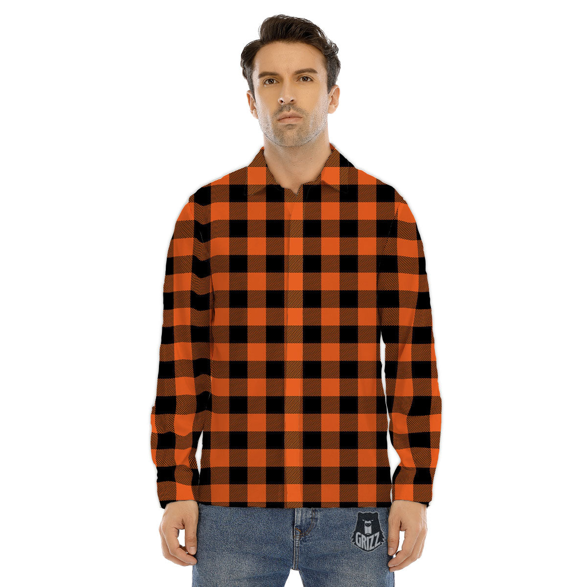 Buffalo Check Orange Print Pattern Men's Dress Shirts-grizzshop