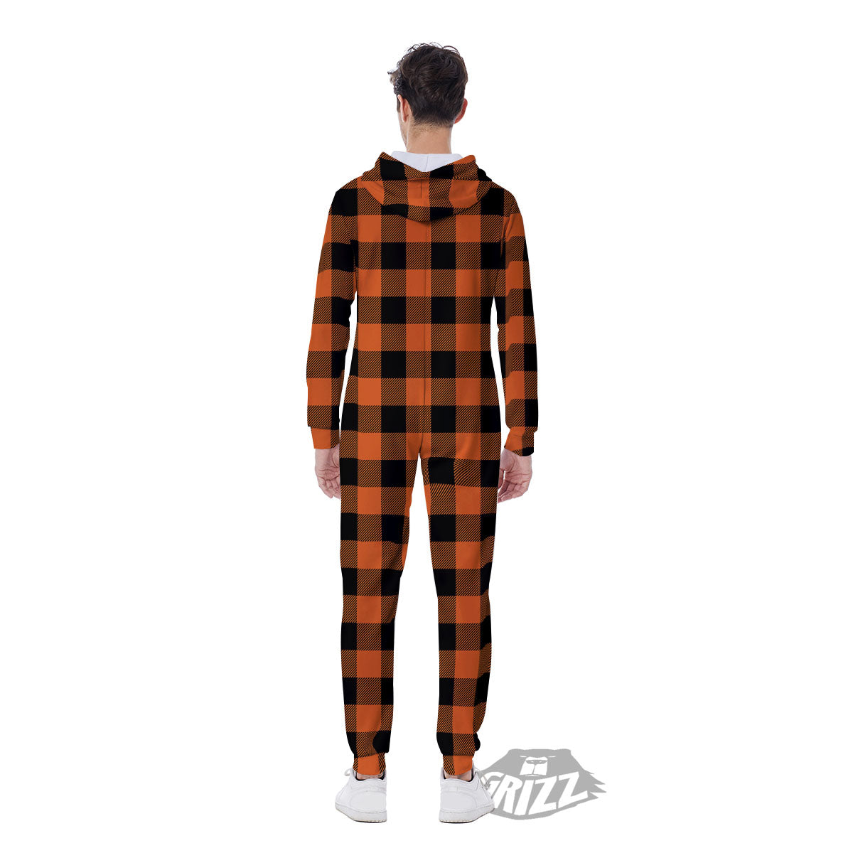 Buffalo Check Orange Print Pattern Men's Jumpsuit-grizzshop