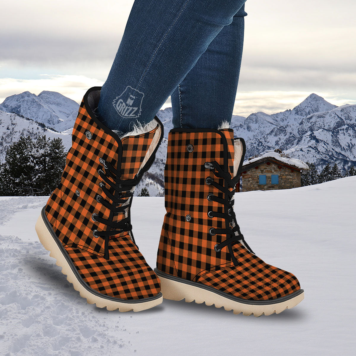 Buffalo Check Orange Print Pattern Snow Boots-grizzshop