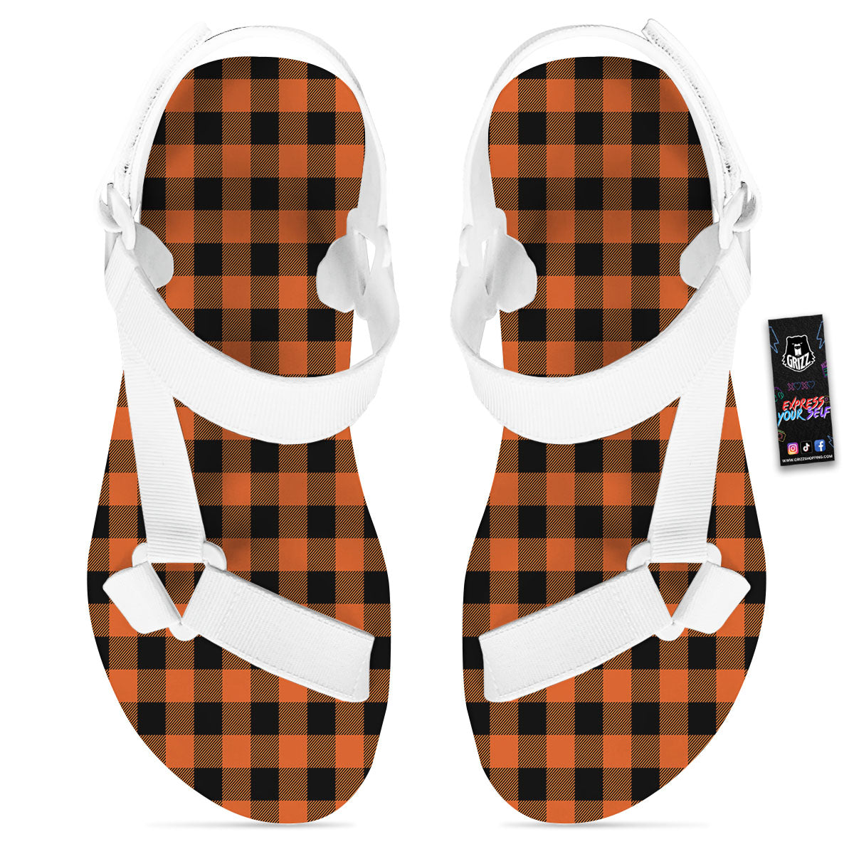 Buffalo Check Orange Print Pattern White Open Toe Sandals-grizzshop