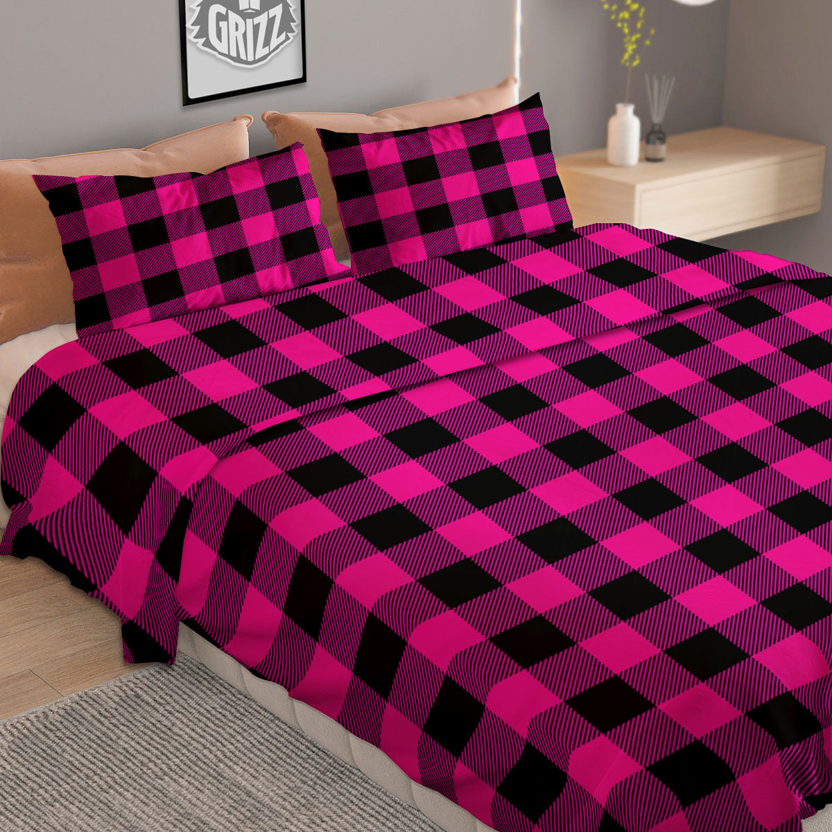 Buffalo Check Pink And Black Print Duvet Cover Bedding Set