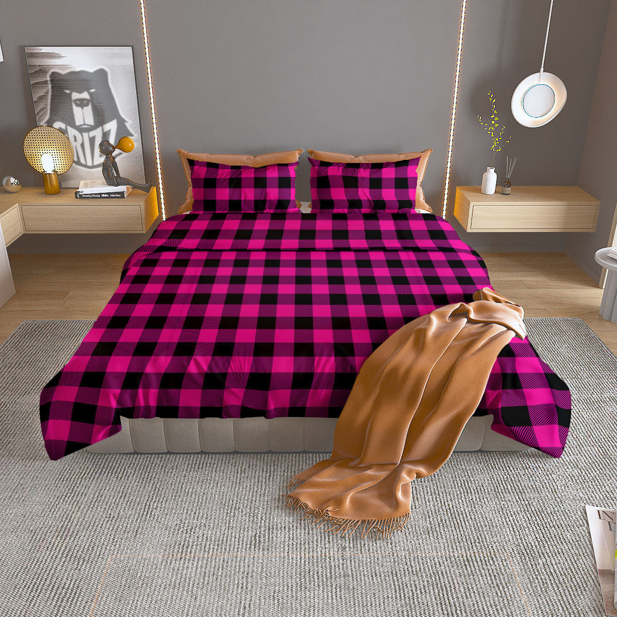 Buffalo Check Pink And Black Print Duvet Cover Bedding Set