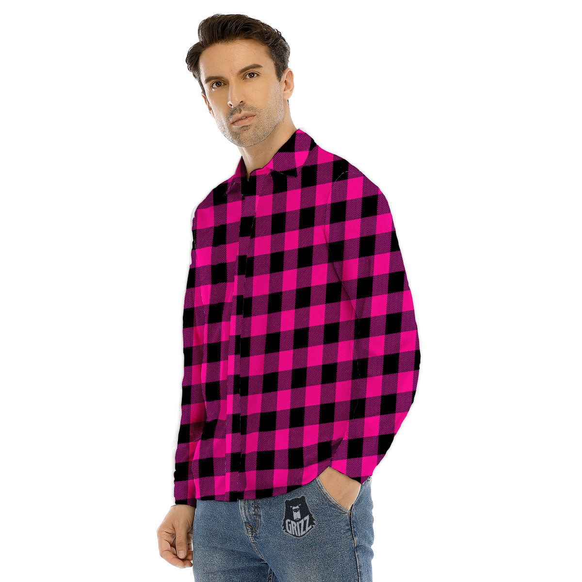 Buffalo Check Pink And Black Print Men's Dress Shirts-grizzshop
