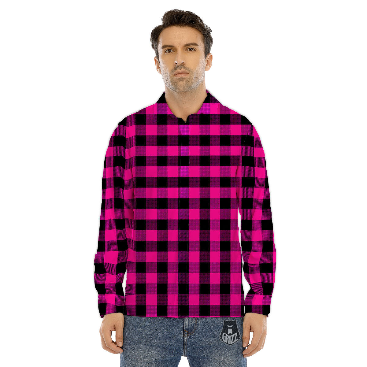 Buffalo Check Pink And Black Print Men's Dress Shirts-grizzshop