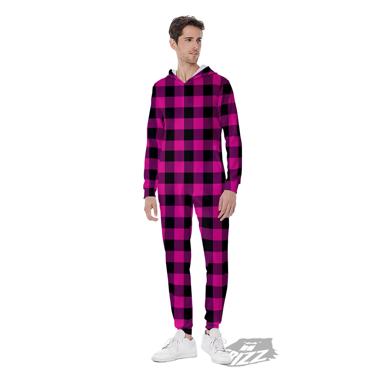 Buffalo Check Pink And Black Print Men's Jumpsuit-grizzshop