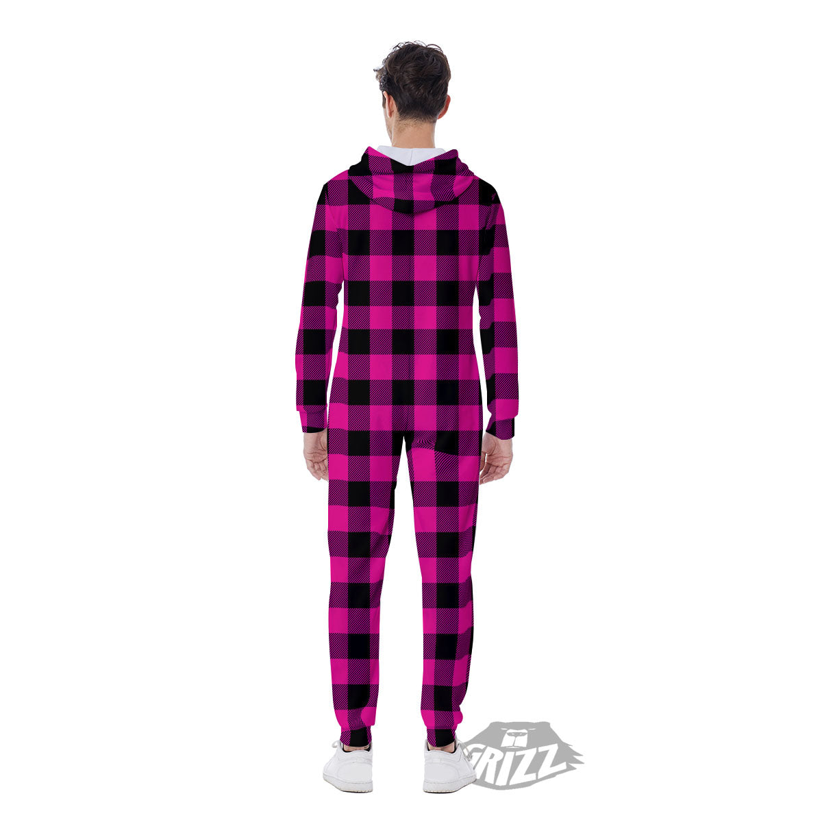 Buffalo Check Pink And Black Print Men's Jumpsuit-grizzshop