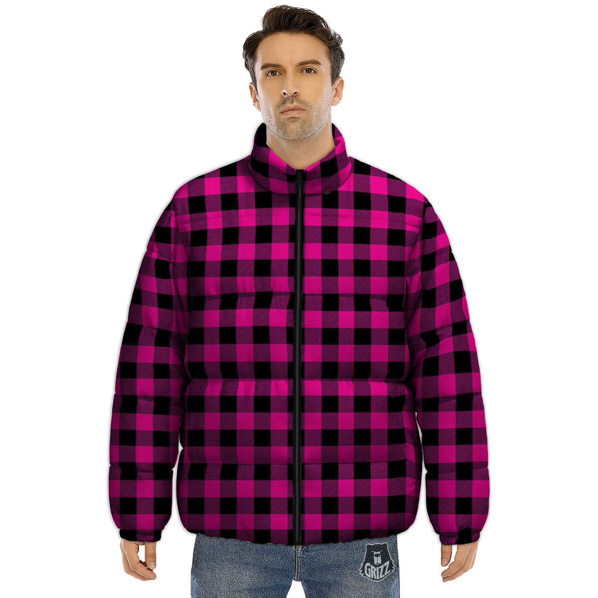 Buffalo Check Pink And Black Print Puffer Jacket-grizzshop