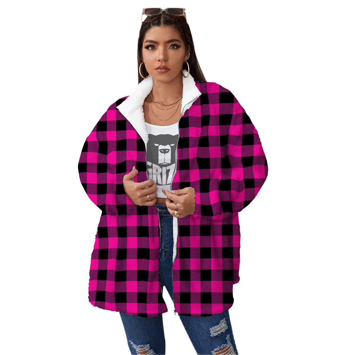 Buffalo Check Pink And Black Print Women's Sherpa Jacket-grizzshop