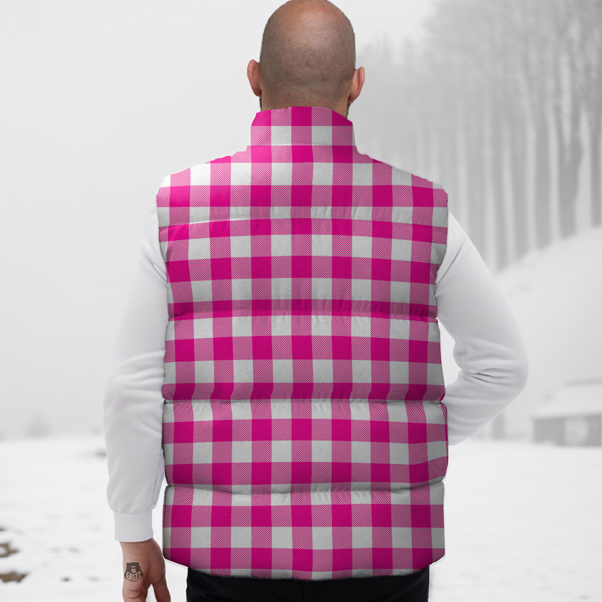 Buffalo Check Pink And White Print Down Vest