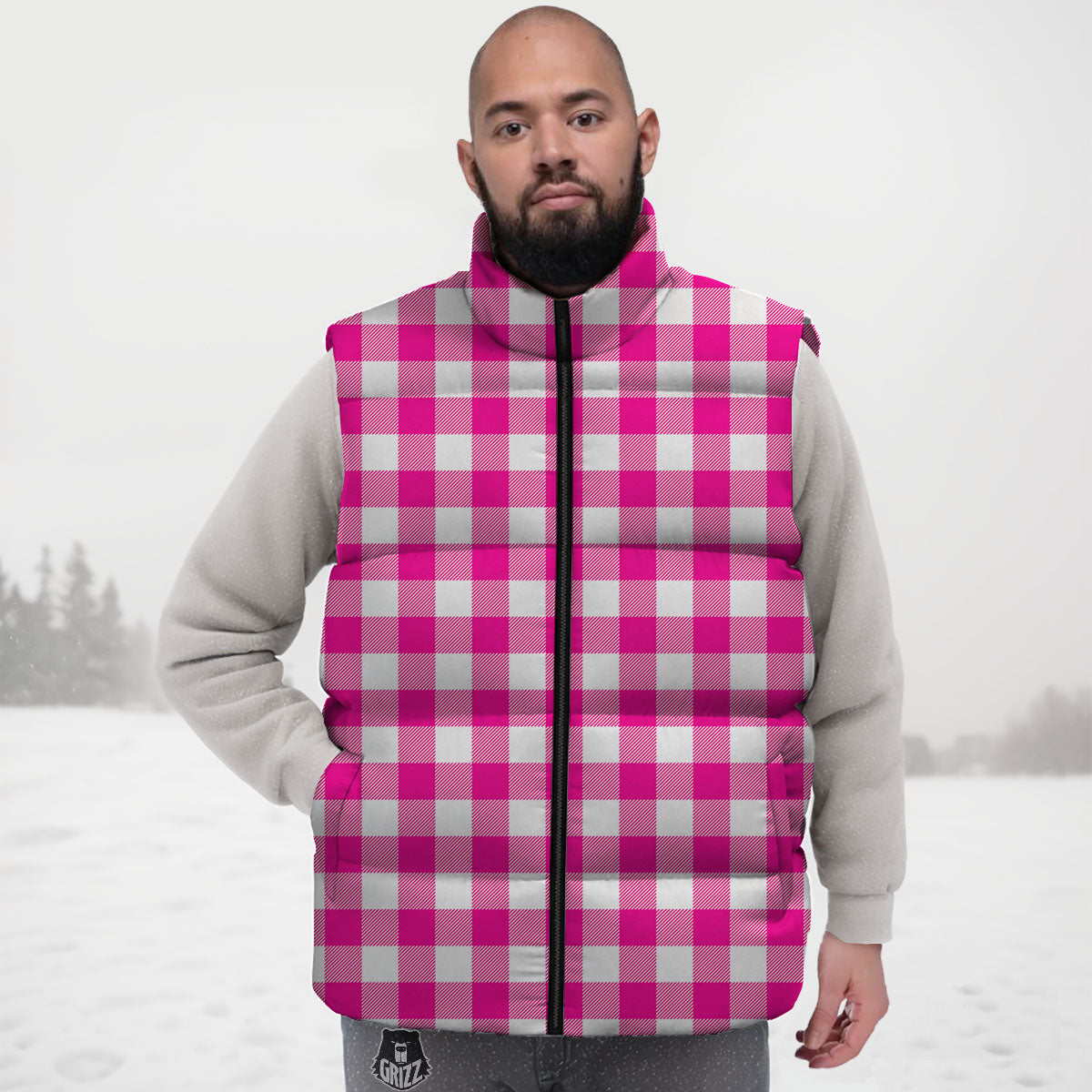 Buffalo Check Pink And White Print Down Vest