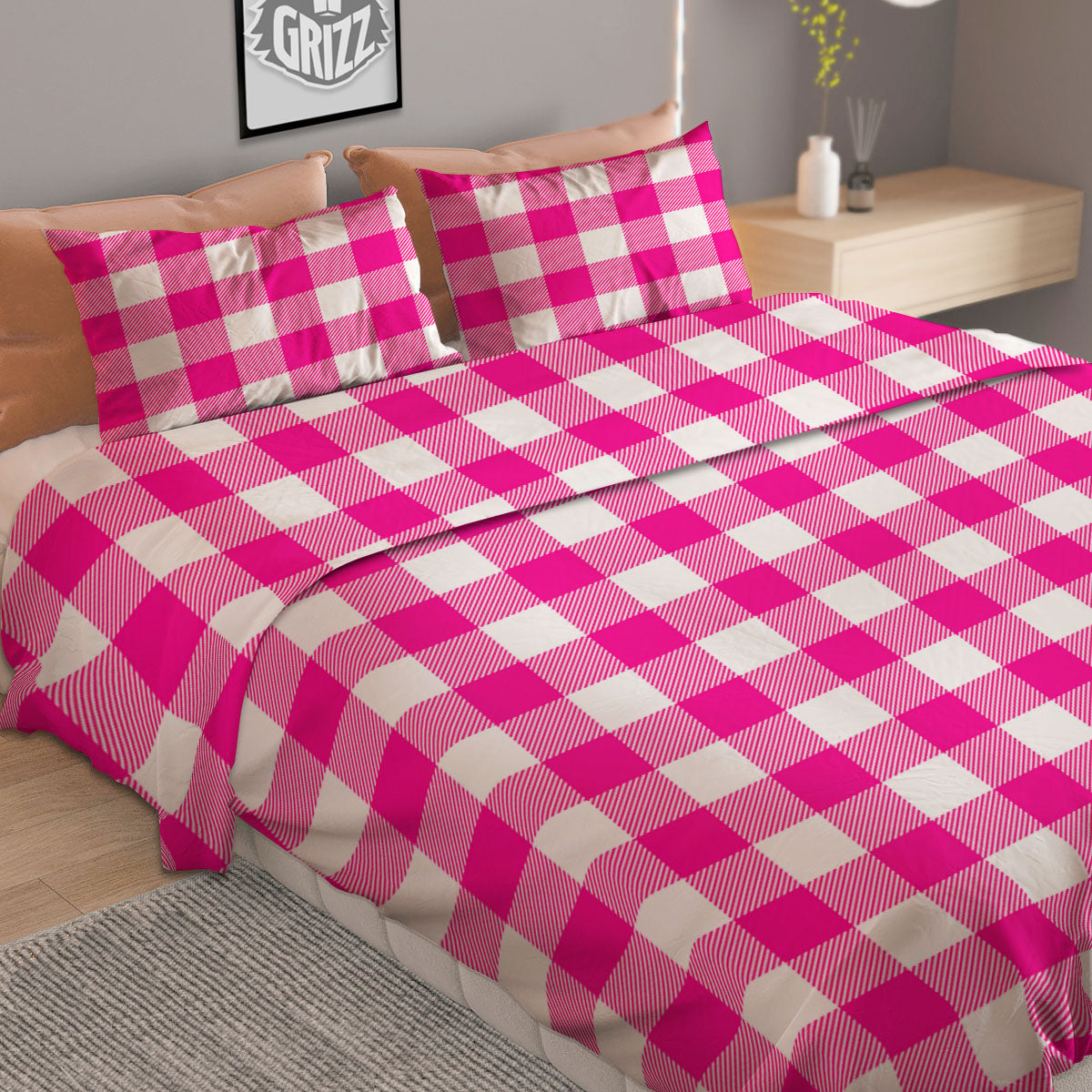 Buffalo Check Pink And White Print Duvet Cover Bedding Set
