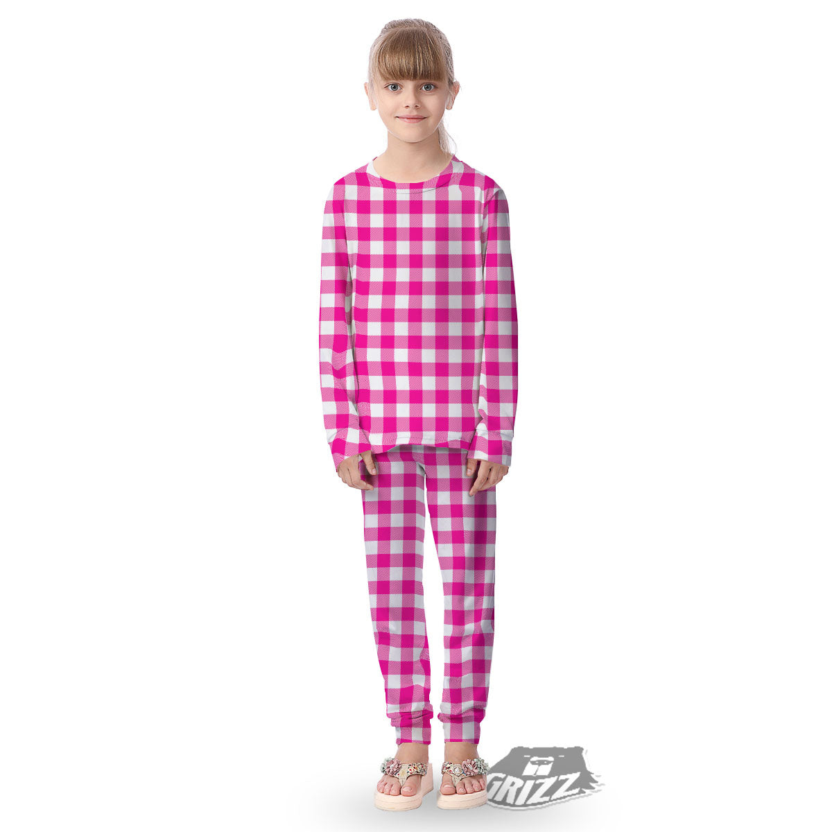 Buffalo Check Pink And White Print Kid's Pajamas-grizzshop