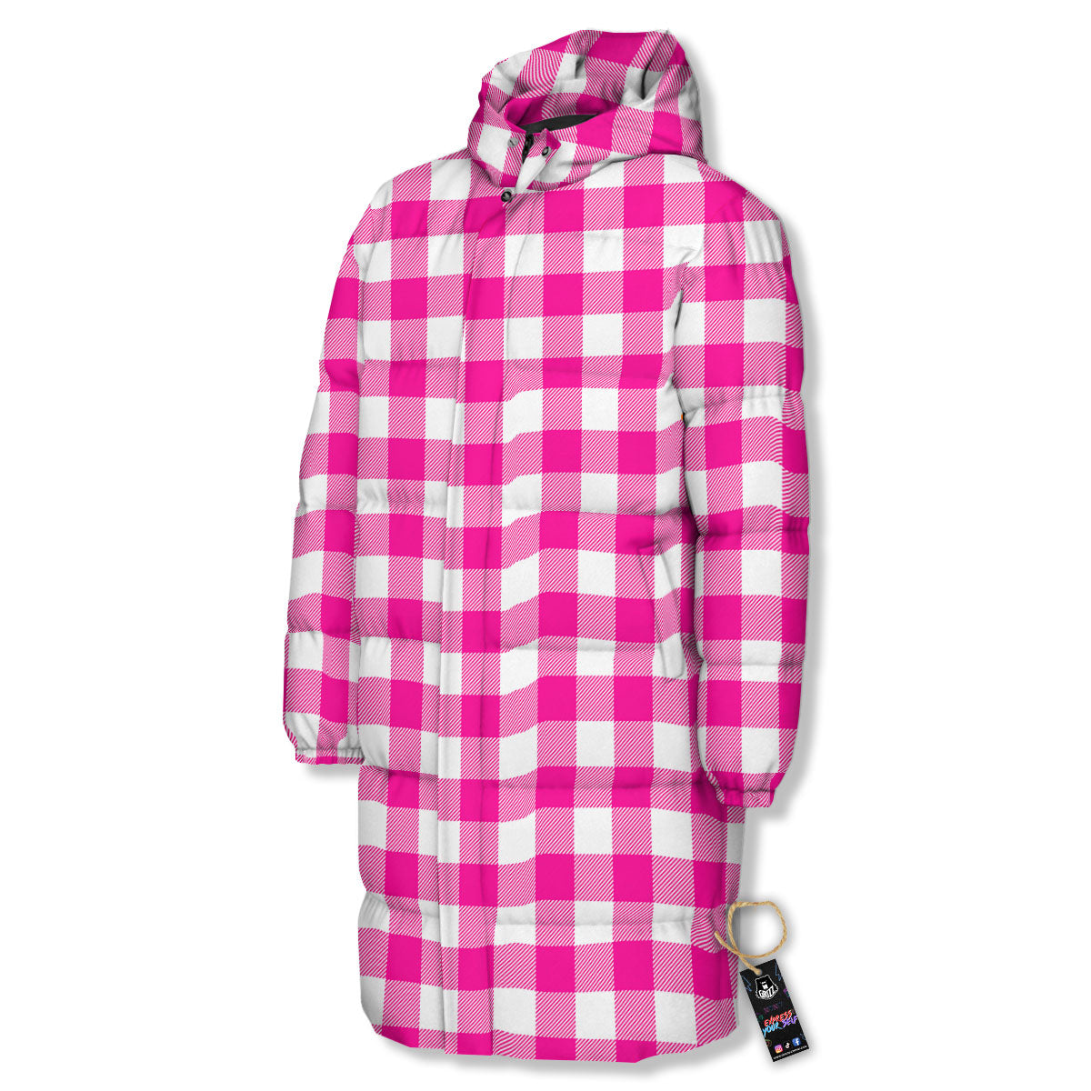 Buffalo Check Pink And White Print Long Down Jacket-grizzshop