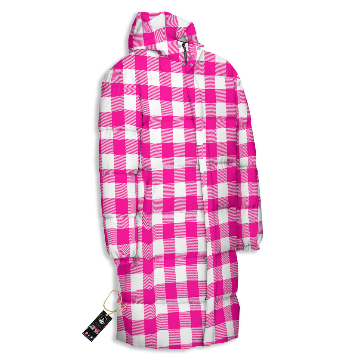 Buffalo Check Pink And White Print Long Down Jacket-grizzshop