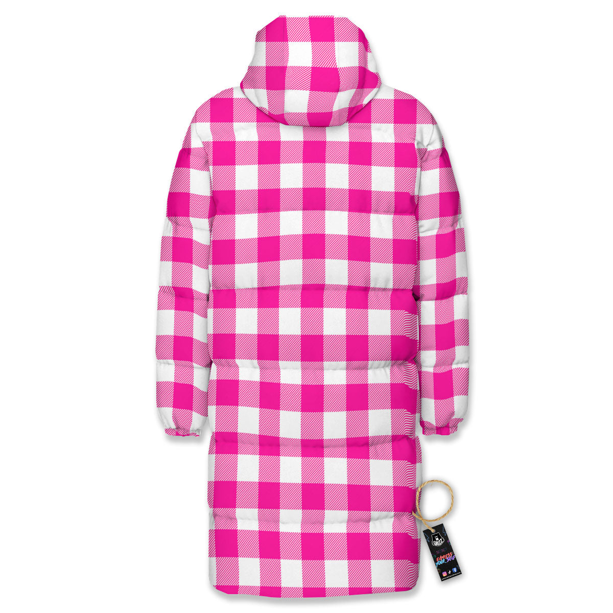 Buffalo Check Pink And White Print Long Down Jacket-grizzshop
