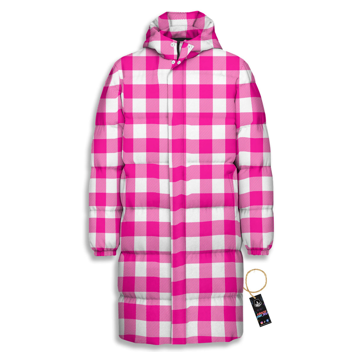 Buffalo Check Pink And White Print Long Down Jacket-grizzshop