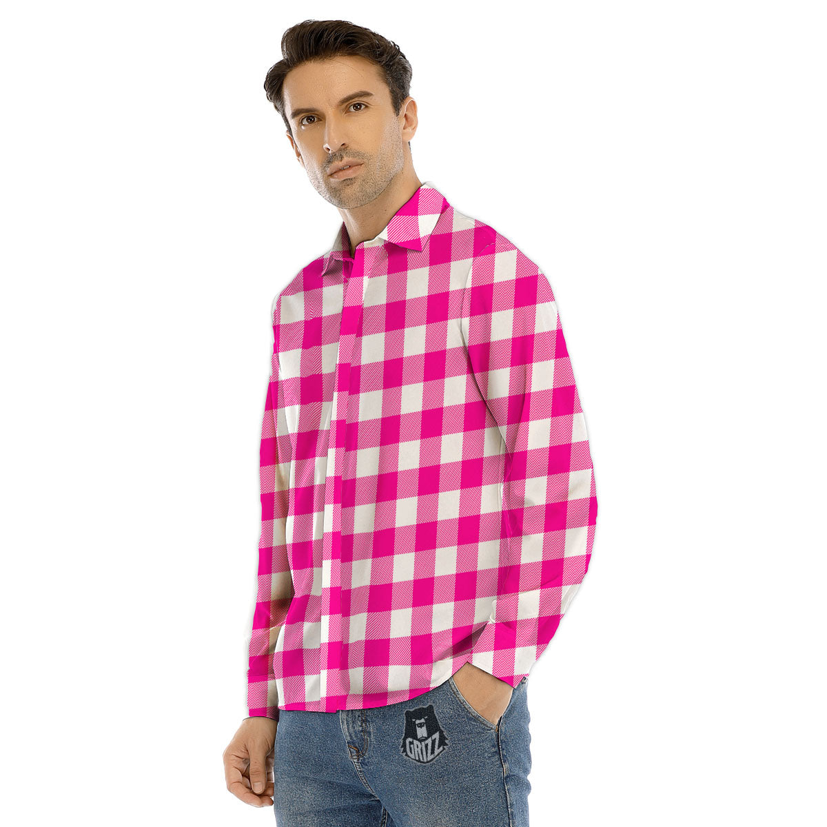 Buffalo Check Pink And White Print Men's Dress Shirts-grizzshop