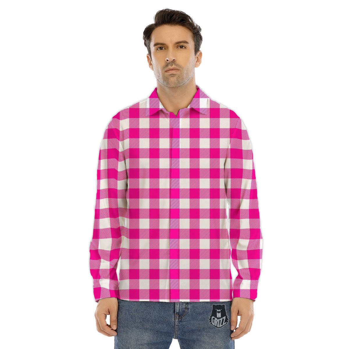 Buffalo Check Pink And White Print Men's Dress Shirts-grizzshop