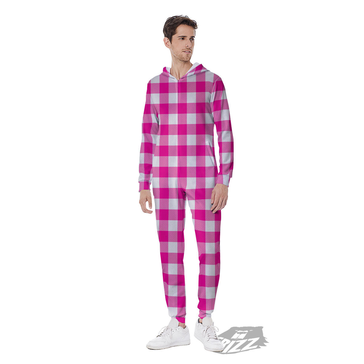 Buffalo Check Pink And White Print Men's Jumpsuit-grizzshop