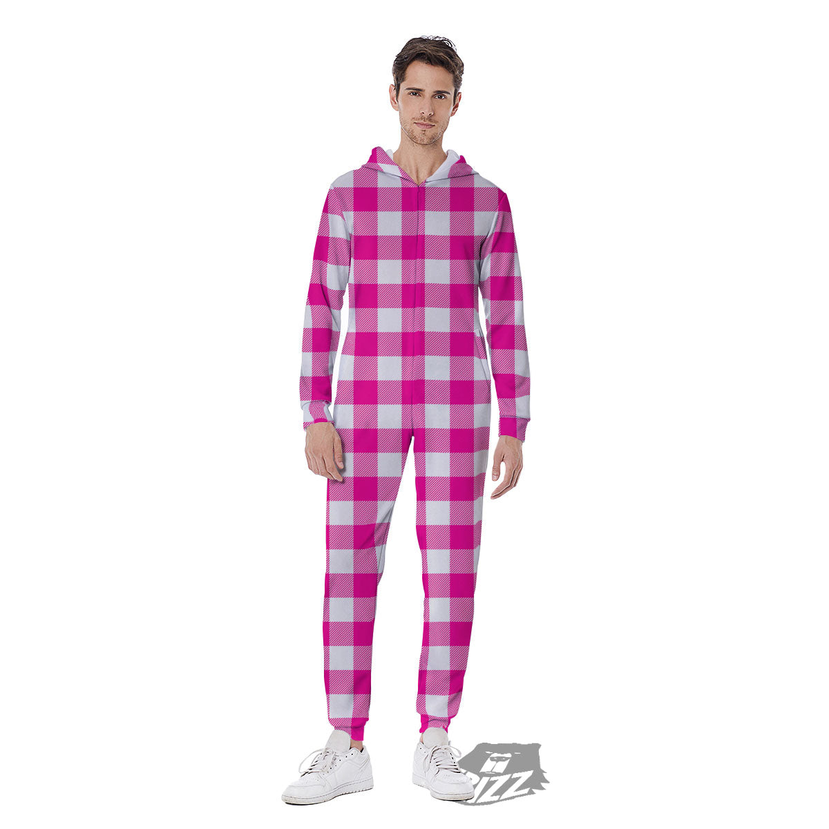Buffalo Check Pink And White Print Men's Jumpsuit-grizzshop