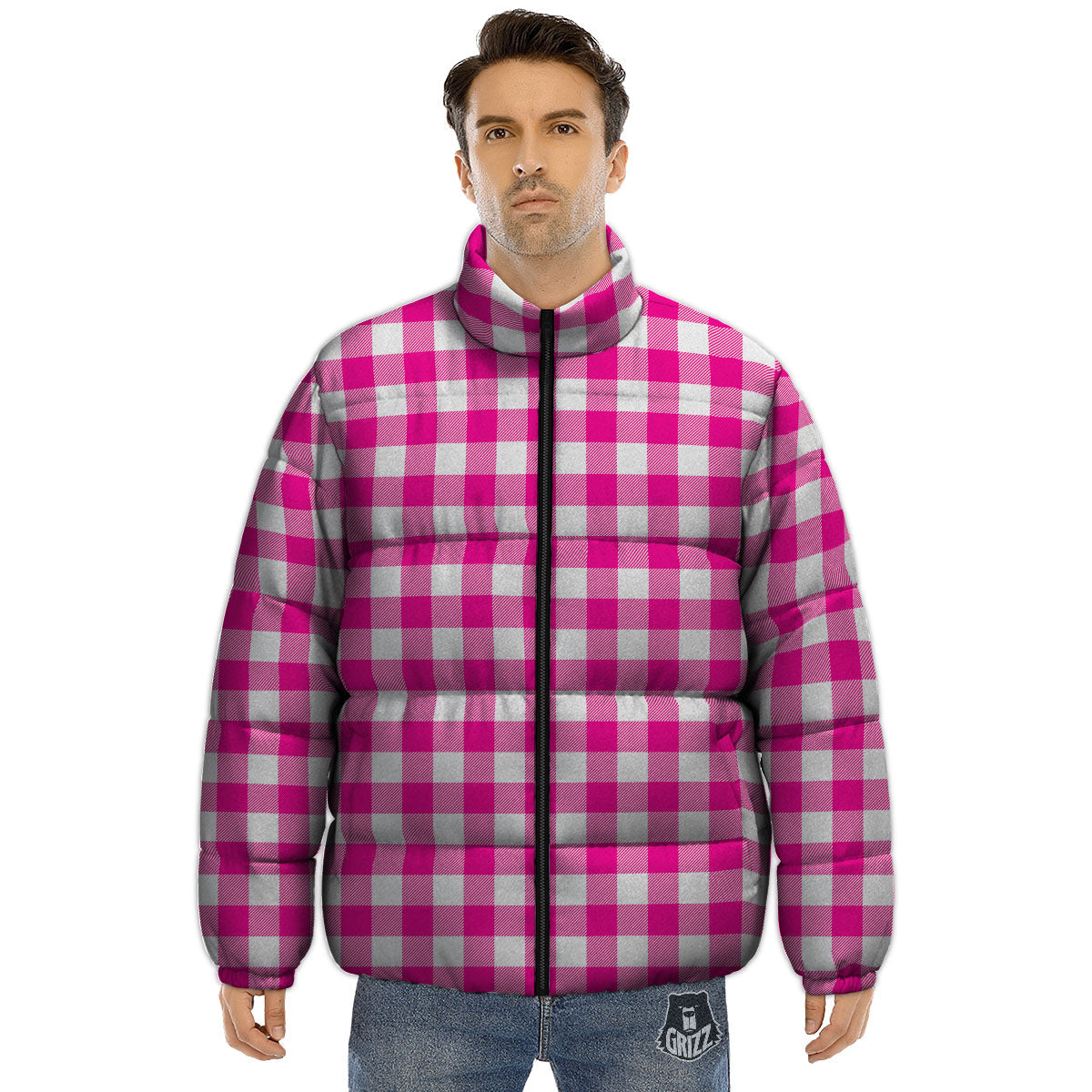 Buffalo Check Pink And White Print Puffer Jacket-grizzshop