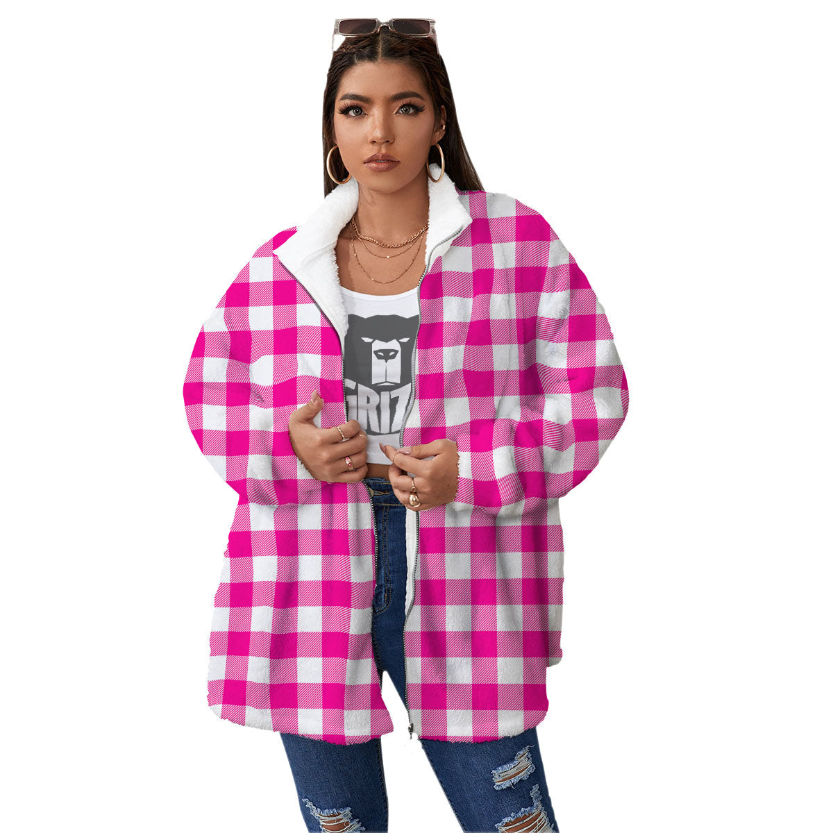 Buffalo Check Pink And White Print Women's Sherpa Jacket-grizzshop