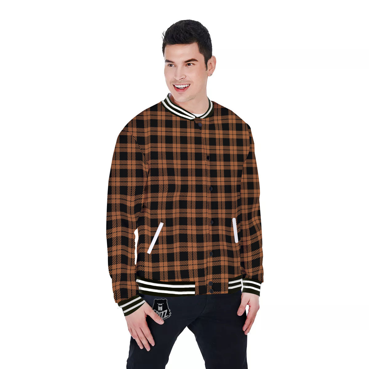 Buffalo Check Pumpkin Orange Print Baseball Jacket-grizzshop
