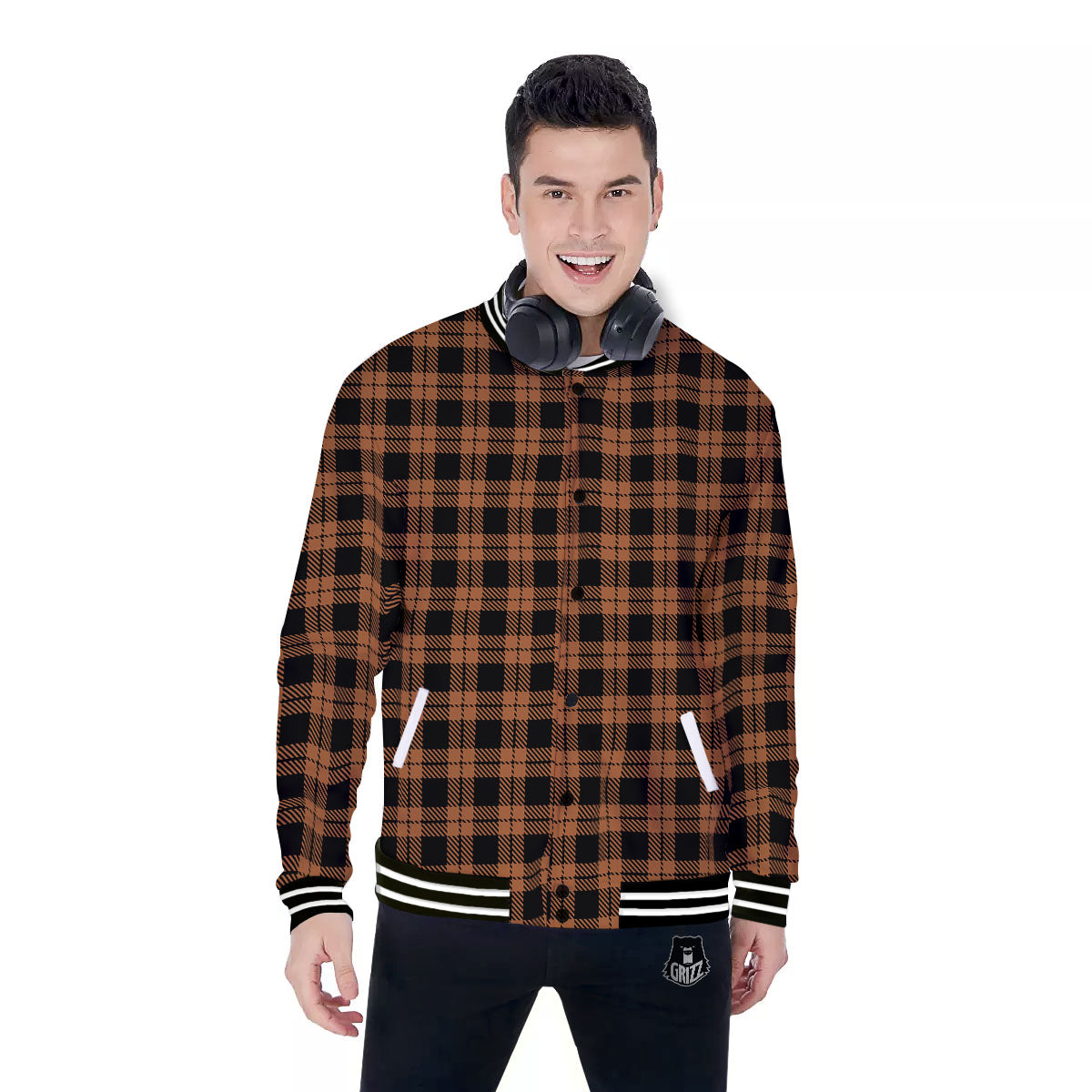Buffalo Check Pumpkin Orange Print Baseball Jacket-grizzshop