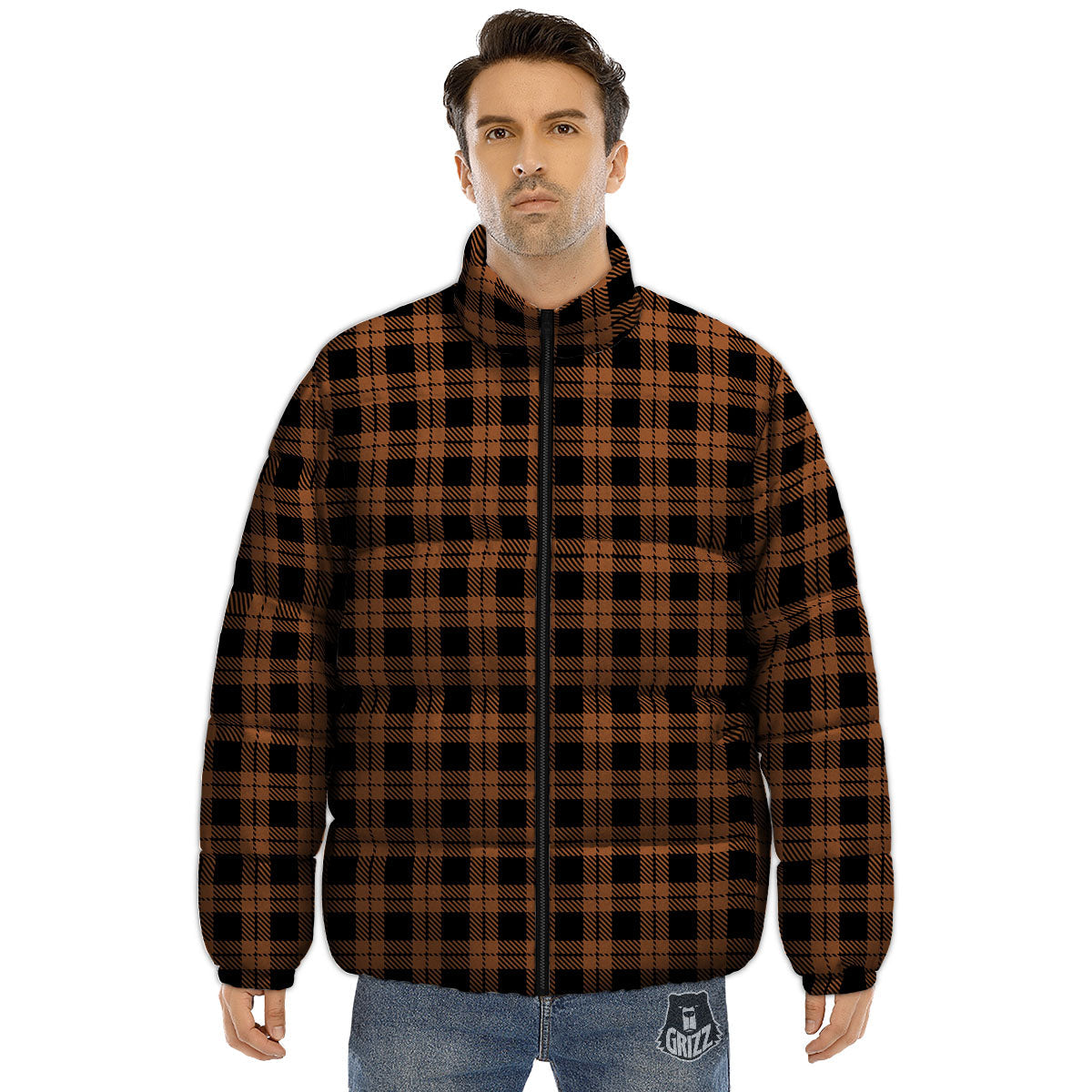 Buffalo Check Pumpkin Orange Print Puffer Jacket-grizzshop