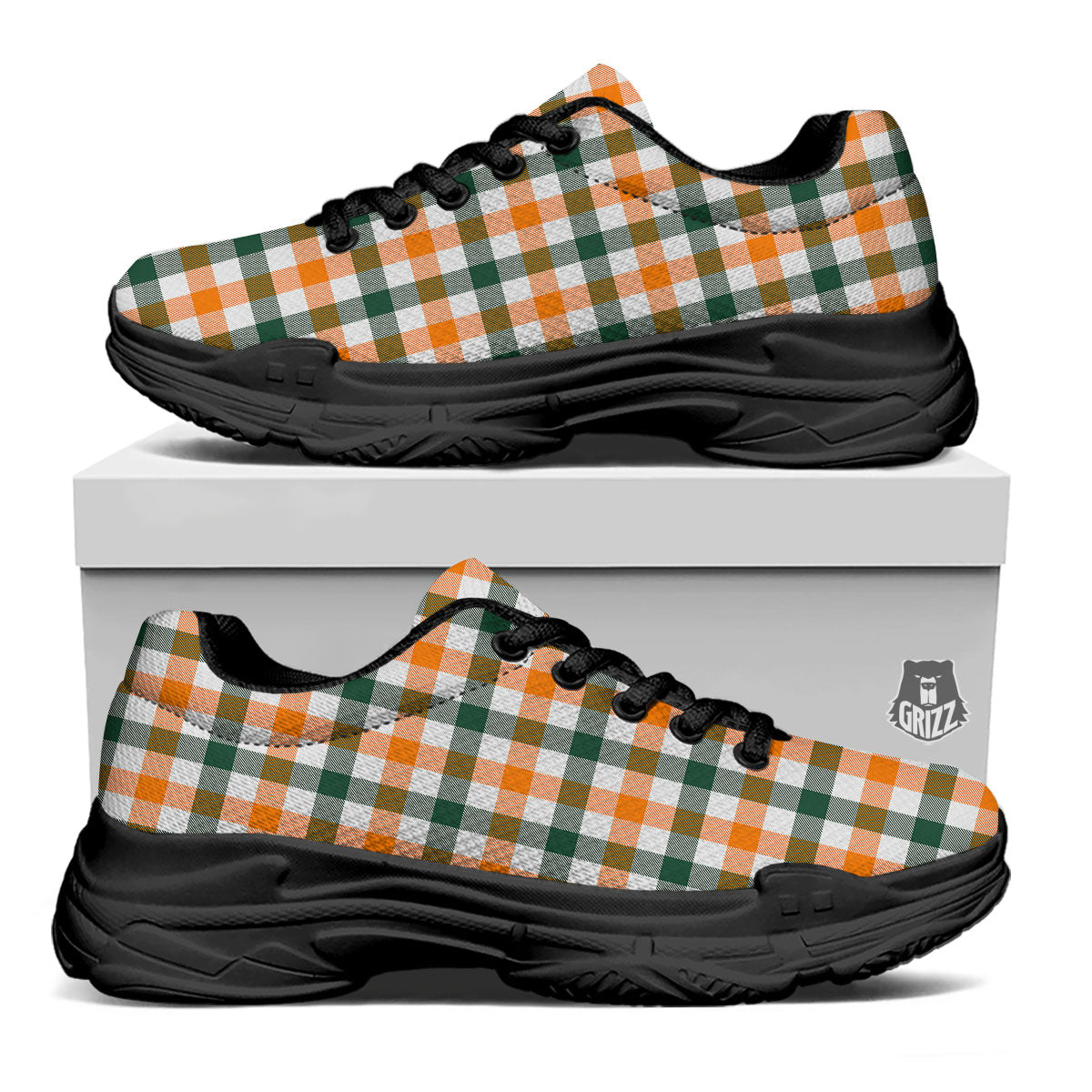 Buffalo Check St. Patrick's Day Print Pattern Black Chunky Shoes-grizzshop