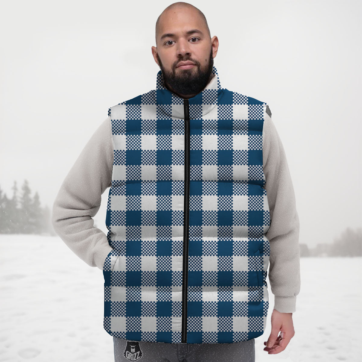 Buffalo Check White And Blue Print Down Vest