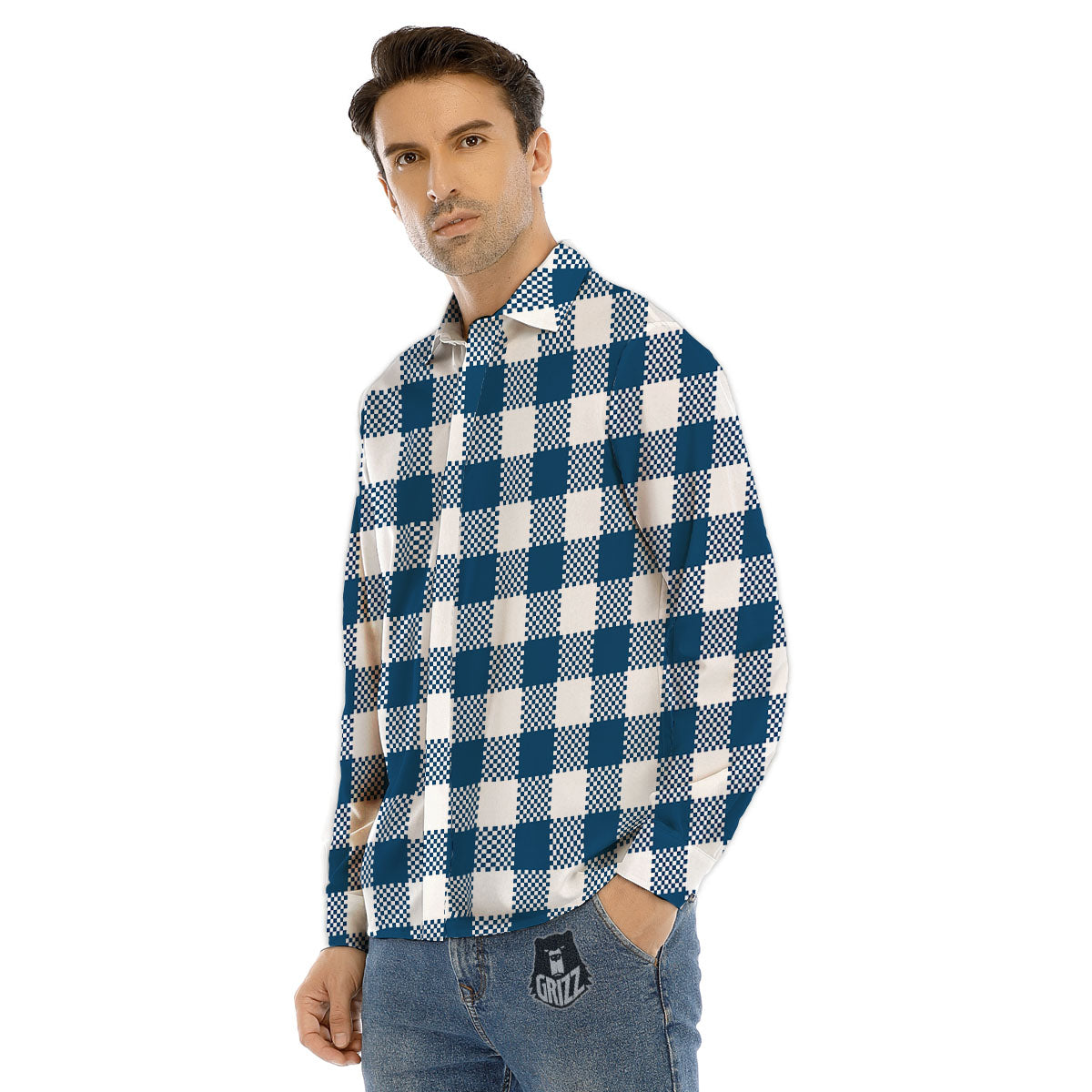 Buffalo Check White And Blue Print Men's Dress Shirts-grizzshop
