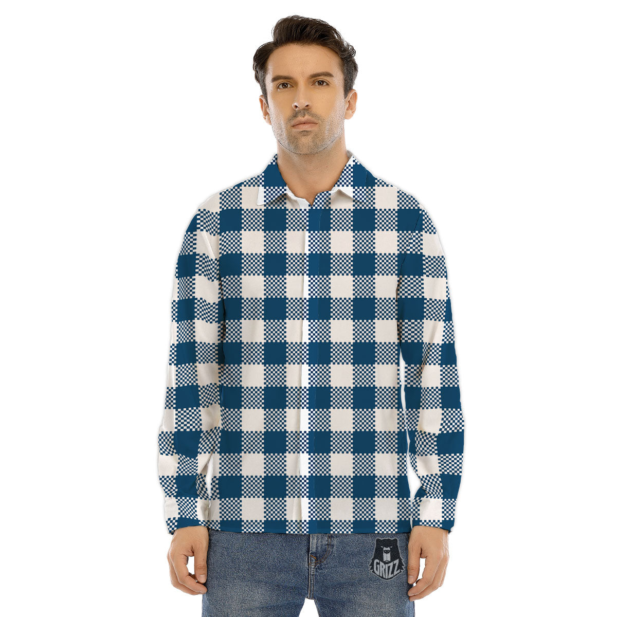 Buffalo Check White And Blue Print Men's Dress Shirts-grizzshop