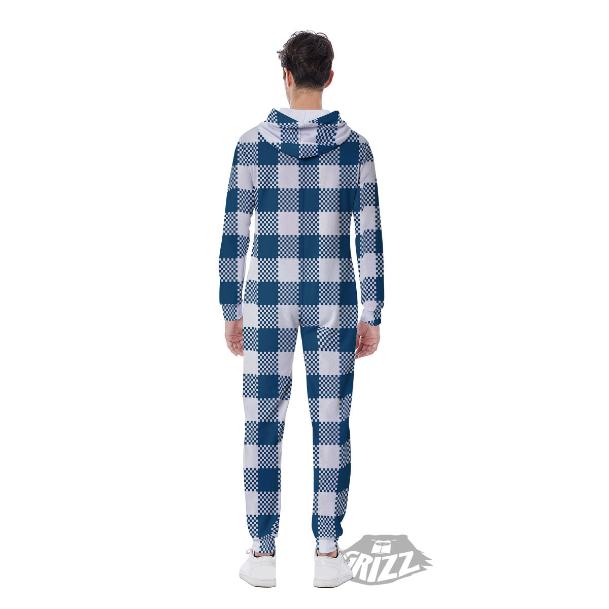 Buffalo Check White And Blue Print Men's Jumpsuit-grizzshop